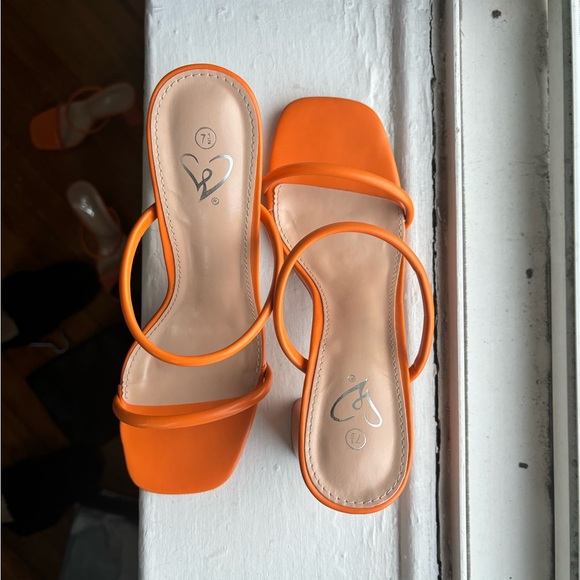 Orange strappy chunky heeled sandals slip-on - Picture 5 of 8